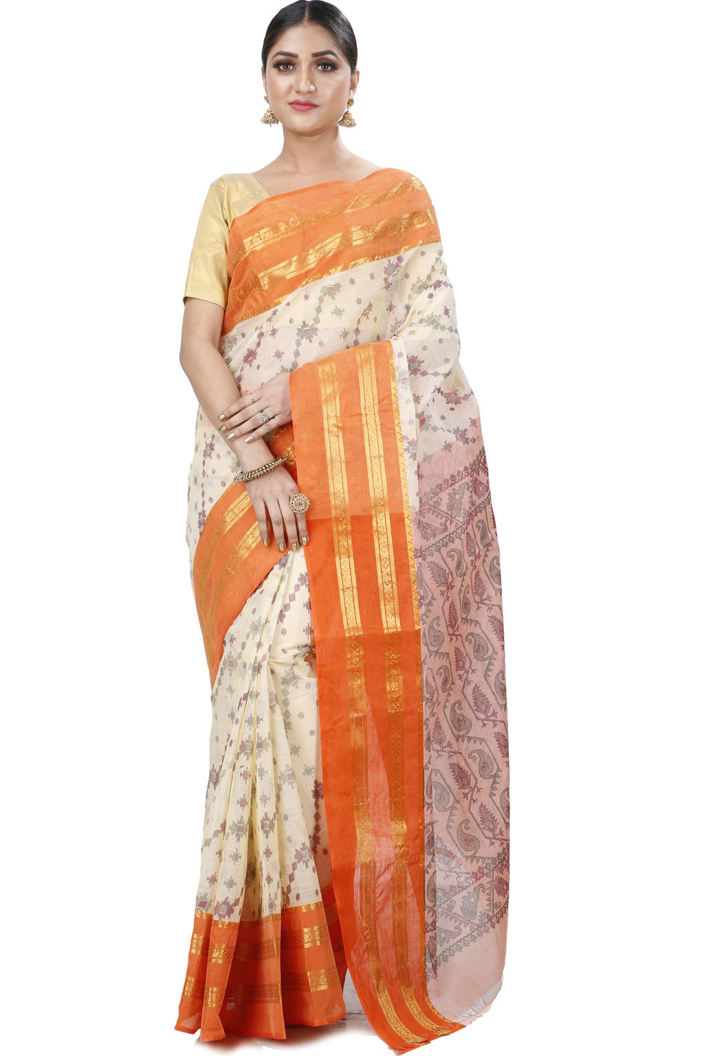 Orange Pure Cotton Rashi Print Tant Saree Print (1010)